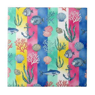 Colorful Coastal Sea Life Pattern (6) Tile