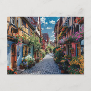 Colorful cobbled street decorated with flowers postcard