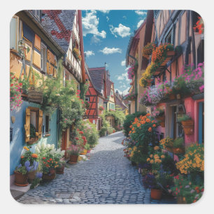 Colorful cobbled street decorated with flowers square sticker