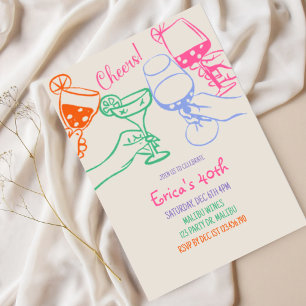Colorful Cocktail Line Art Birthday Invitation   