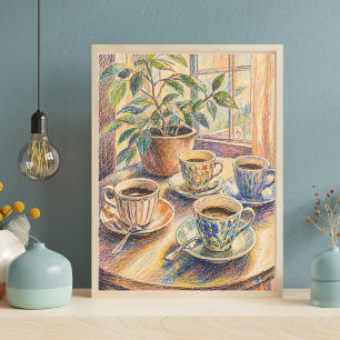 Colorful Coffee Cups Still Life Art Print, Cozy Poster
