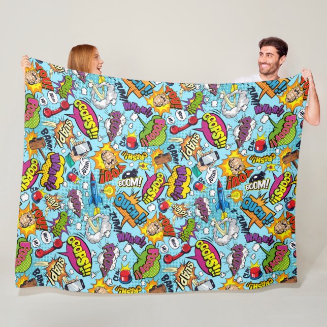 Colorful comic book themed pattern fleece blanket (In Situ)