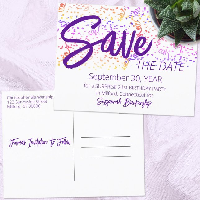 Colorful Confetti Top Purple Text Special Occasion Announcement Postcard (Creator Uploaded)