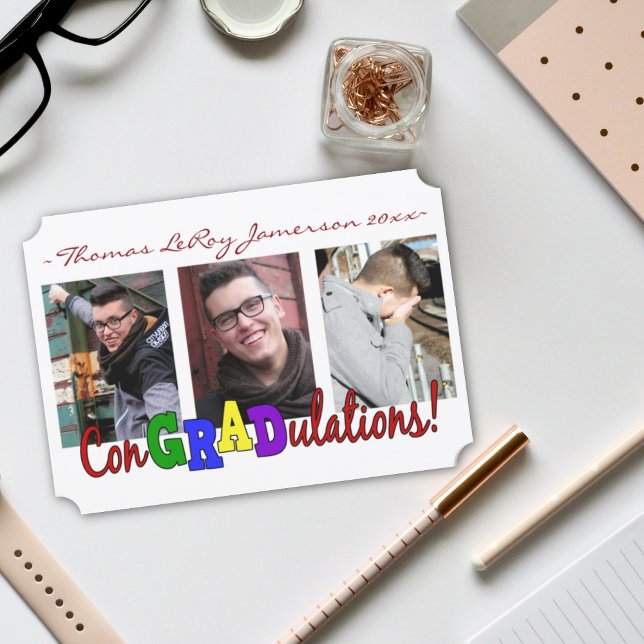 Colorful ConGRADulations 3 Photo Collage Grad Invitation (Creator Uploaded)