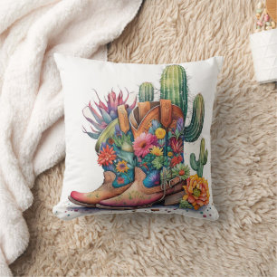 Colorful Cowgirl Boots and Cactus Cushion