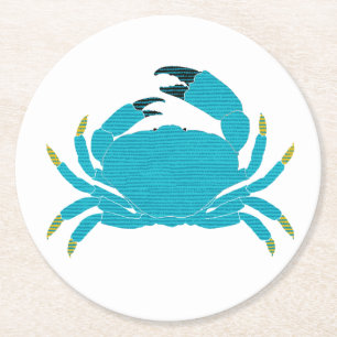 Colorful Crab Design in Aqua Round Paper Coaster