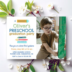 Colorful Crayon Photo Preschool Graduation Invitation