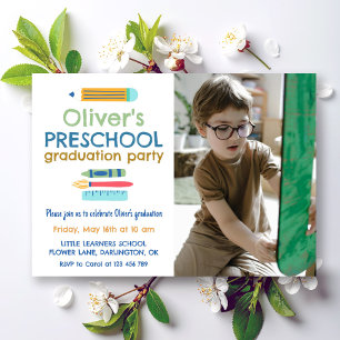 Colorful Crayon Photo Preschool Graduation Invitation