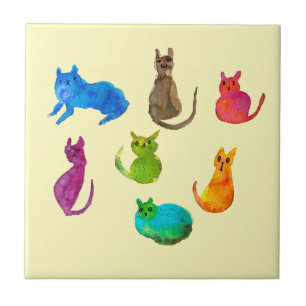 Colorful crazy cats in watercolor tile