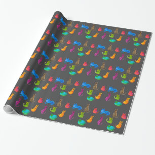 Colorful crazy cats in watercolor wrapping paper