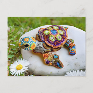 Colorful Crochet Turtle Made From Granny Squares Postcard