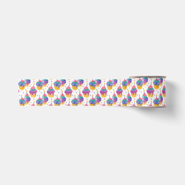 Colorful Cupcake Party Pattern Background Satin Ribbon (Front)