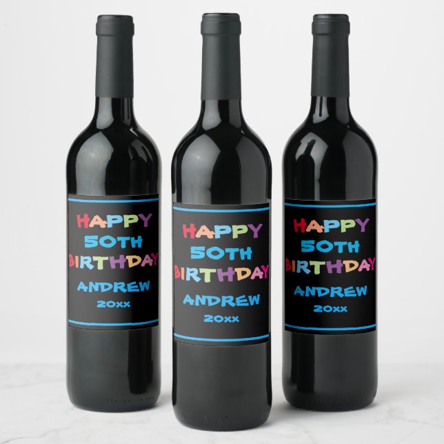 Colorful Custom Year Name Date Happy Birthday Wine Label (Bottles)