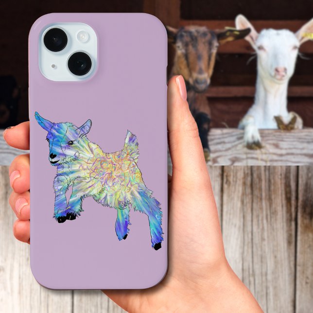 Colorful Cute Baby Goat Jumping Funky Animal Art Case-Mate iPhone Case (Cute baby goat jumping colorful illustration farm animal lover mobile phone case )
