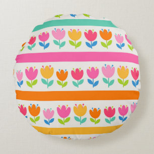 Colorful cute hand drawn tulips seamless pattern w round cushion