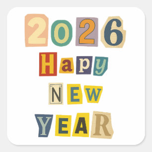 Colorful Cutout "2026 Happy New Year" Collage Square Sticker
