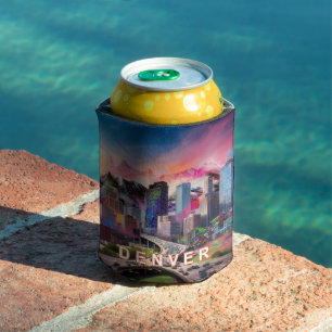 Colorful Denver Skyline Abstract Art Can Cooler
