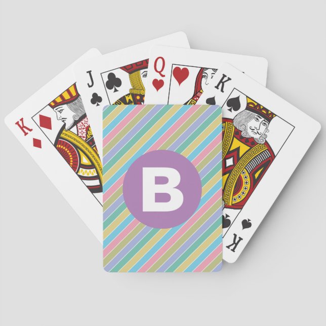 Colorful Diagonal Candy Stripes Purple Monogram Playing Cards (Back)