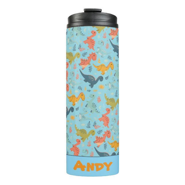 Colorful dinosaur cartoon blue pattern name  thermal tumbler (Front)