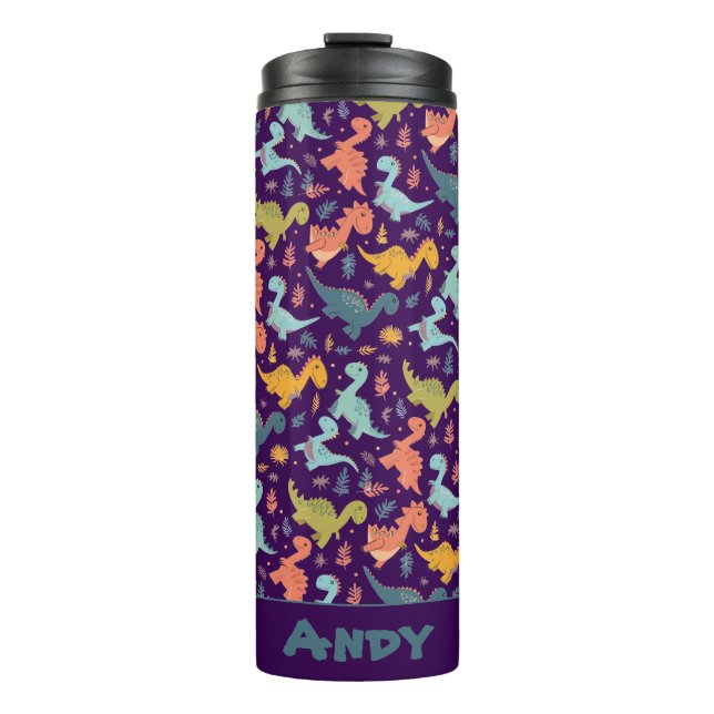 Colorful dinosaur cartoon  purple pattern name  thermal tumbler (Front)