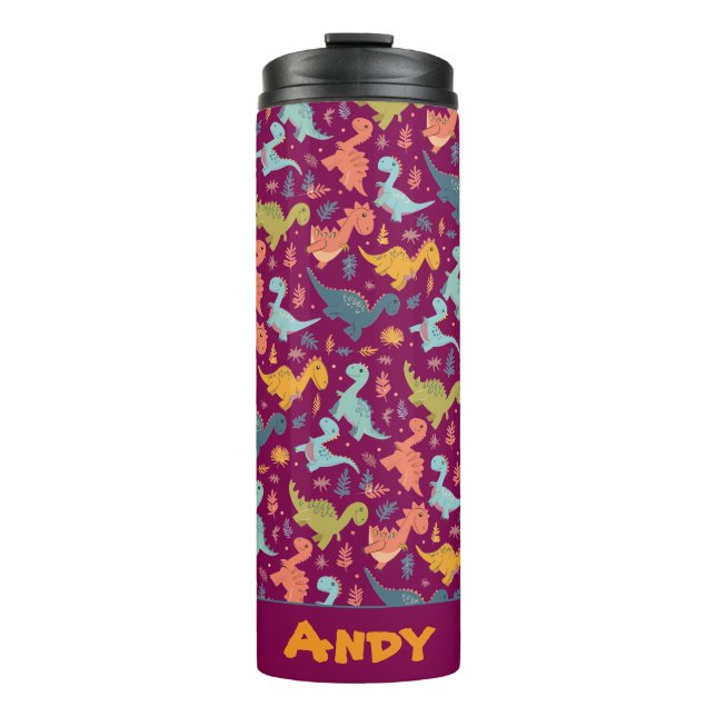 Colorful dinosaur cartoon  red pattern name  thermal tumbler (Front)