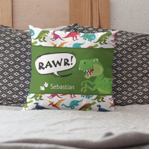 Colorful Dinosaur Pattern with Name T-Rex Green Cushion