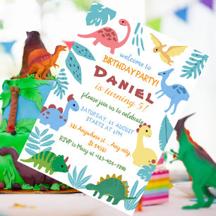 colorful dinosaur-themed birthday party invitation