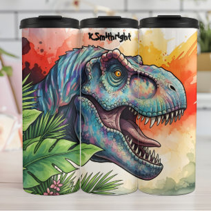 Colorful Dinosaur Tropical Leaves Roaring Thermal Tumbler