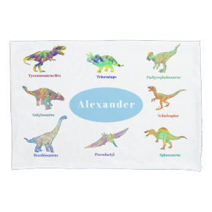 Colorful Dinosaurs with names Pattern Blue Pillowcase