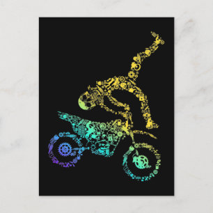 Colorful Dirt Bike Rider Skull Motocross Postcard