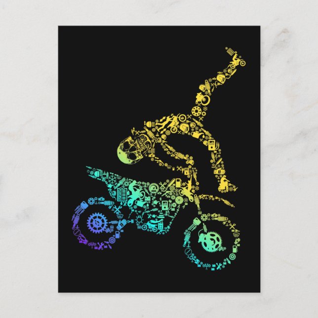 Colorful Dirt Bike Rider Skull Motocross Postcard (Front)