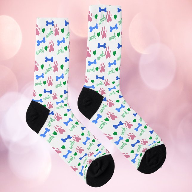 Colorful Dog Bone & Paw Woof Pink Blue Pattern Socks (A pair of socks with pink dog paws, blue bones, green hearts and the word woof pattern)