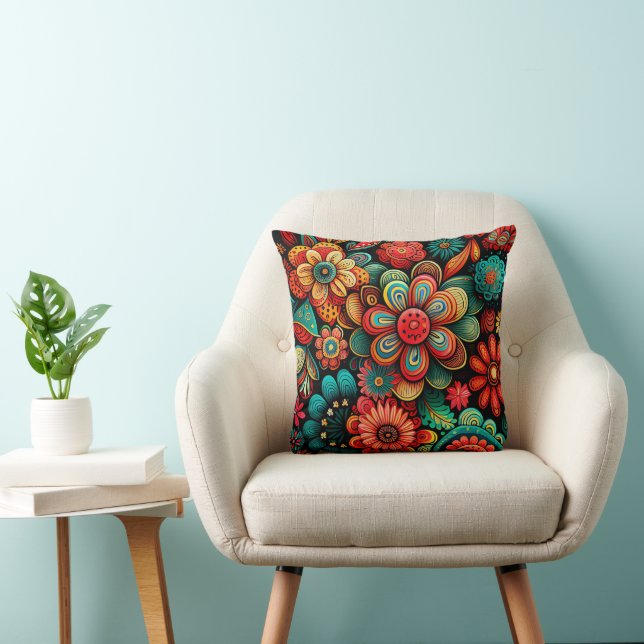 COLORFUL DOODLE FLORAL DESIGN THROW PILLOW (Chair)