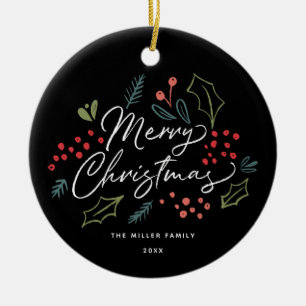 Colorful Doodles Merry Christmas   Photo on Back Ceramic Tree Decoration