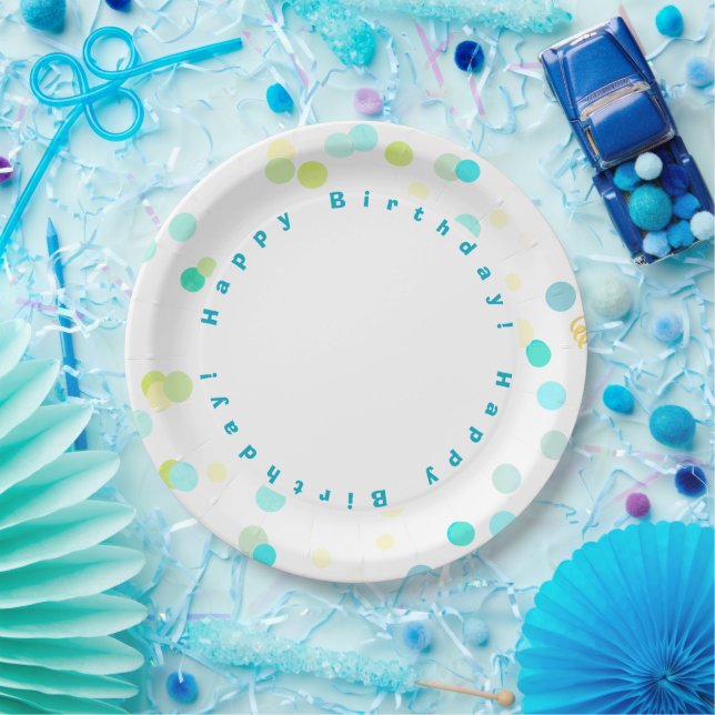 Colorful Dots Blue & Green Boy Happy Birthday Paper Plate (Party)