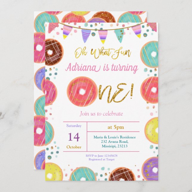 COLORFUL Doughnut First Birthday Invitation (Front/Back)