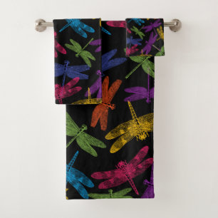 COLORFUL DRAGON FLIES PATTERN ON BLACK BATH TOWEL SET