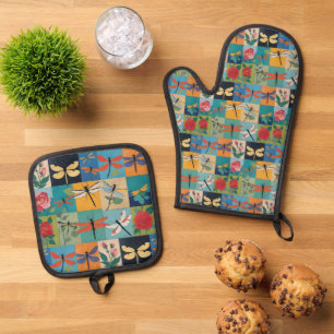 Colorful Dragonflies And Roses Patchwork Oven Mitt & Pot Holder Set