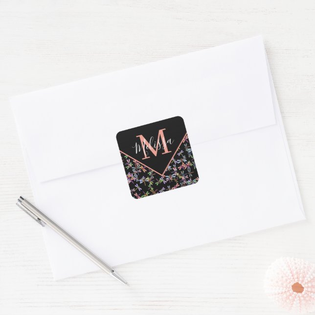 Colorful dragonflies personalized   square sticker (Envelope)