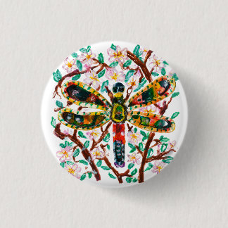 Colorful Dragonfly Among Cherry Blossoms 3 Cm Round Badge