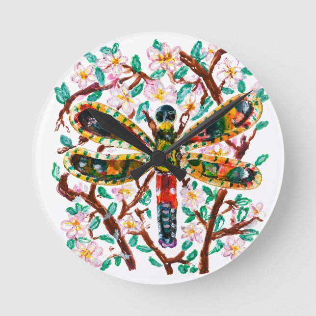 Colorful Dragonfly Among Cherry Blossoms Round Clock (Front)