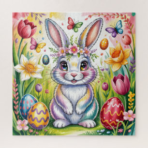 Colorful Easter Bunny Illustration with Crown Jigsaw Puzzle