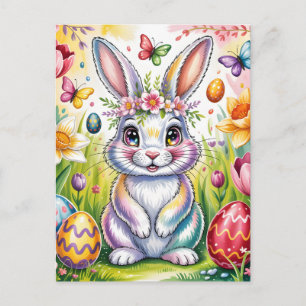 Colorful Easter Bunny Illustration with Crown  Postcard