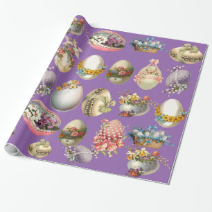 COLORFUL EASTER EGGS,FLOWERS,WHITE DOVES IN PURPLE WRAPPING PAPER