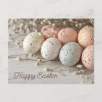 Colorful Easter eggs postcard with spring flowers