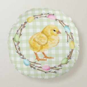 Colorful Easter Willow Wreath With Yellow Chick Round Cushion