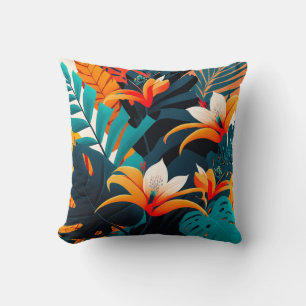 Colorful Elegant Tropical Leaves and Flowers   Cushion