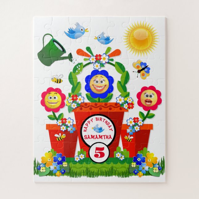 Colorful Emoji Flowers Customized Kid's Birthday Jigsaw Puzzle (Vertical)