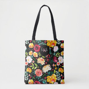 Colorful English garden flowers pattern monograms Tote Bag