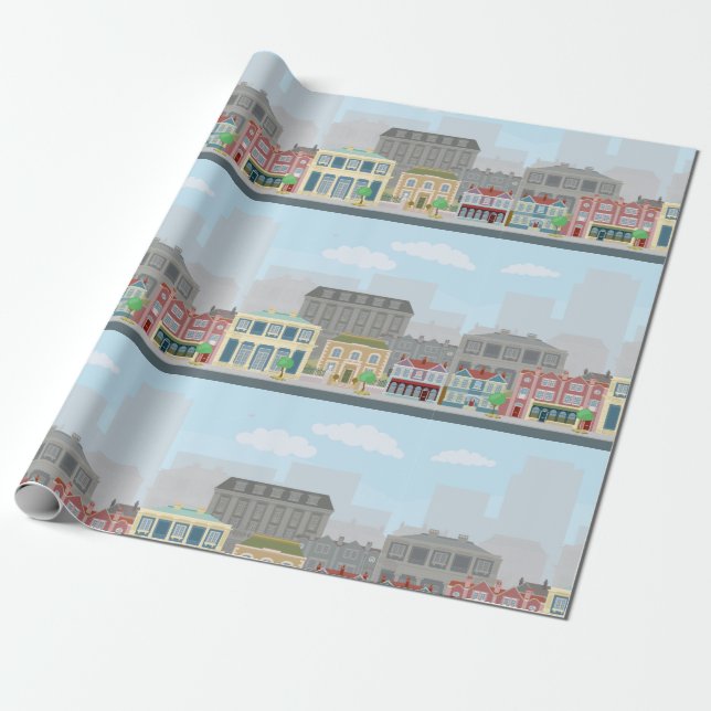 Colorful European City Street Urban Skyline Wrapping Paper (Unrolled)